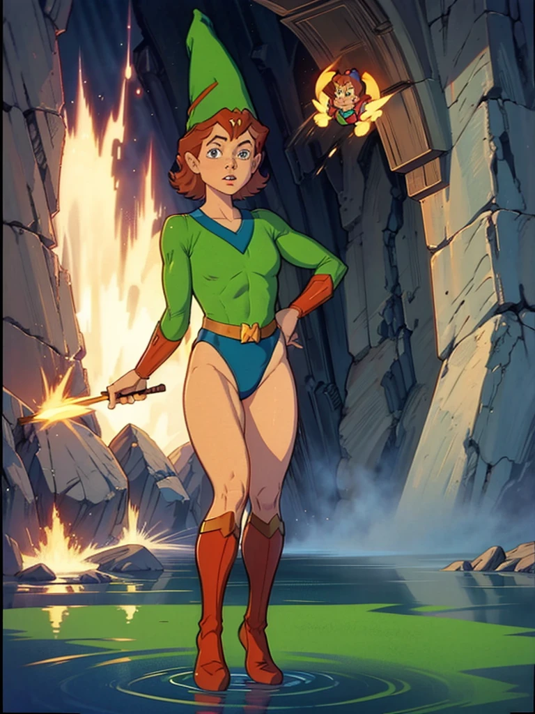 a redhead cartoon character, wonder woman outfit, green leotard, very muscular,  male wizard, 1980s cartoon, animated episode still, Presto (((mad))), ((Wears a wizard hat))