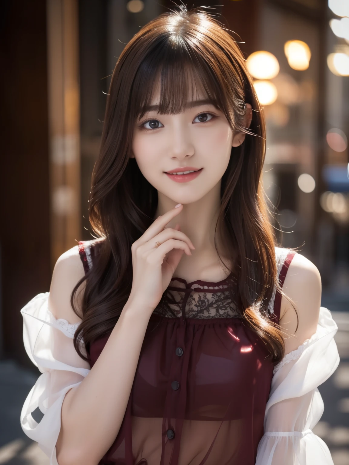1 girl,(Wearing a burgundy transparent thin blouse:1.2),(RAW Photos, highest quality), (Realistic, Photorealistic:1.4), Tabletop, Very delicate and beautiful, Very detailed, 2k wallpaper, wonderful, In detail, Very detailed CG Unity 8k wallpaper, Very detailed, High resolution, Soft Light, Beautiful detailed girl, Very detailed目と顔, Beautiful and detailed nose, Fine and beautiful eyes, Cinema Lighting, Afternoon cityscape, Perfect Anatomy, Slender body, smile, ((random body orientation)),