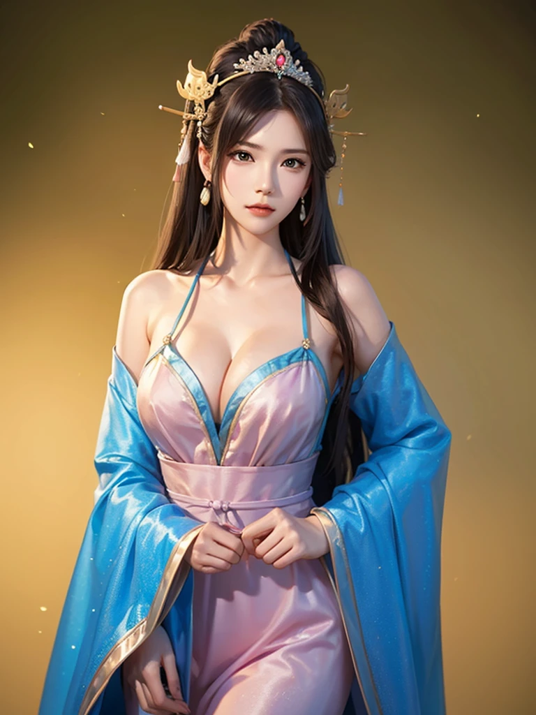 ancient chinese princess ， A girl wearing Hanfu, visual audience，, beautiful girl、Delicate body,exquisite eyes, Big 、Long hair,、Hair accessories Han Dynasty、Eternal,whole body、Lower Body，Three Kingdoms， solid color background, Smoky environment, Adds a touch of mystery and drama to the scene. Soft and even lighting, Casts soft shadows, Create an atmosphere of seriousness and focus.