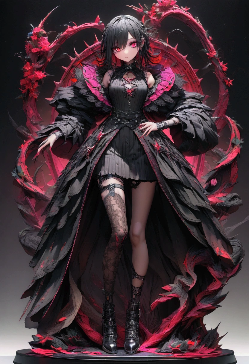 Create an image of the most stunningly gorgeous beautiful perfect sexy vampire elf, beautiful perfect face, long luscious eyelashes, black eyeliner, perfect makeup, lipstick, vibrant detailed vampire slit pupils, detailed black hair, highlights in hair, seductive gothic intricate black dress, full body view,