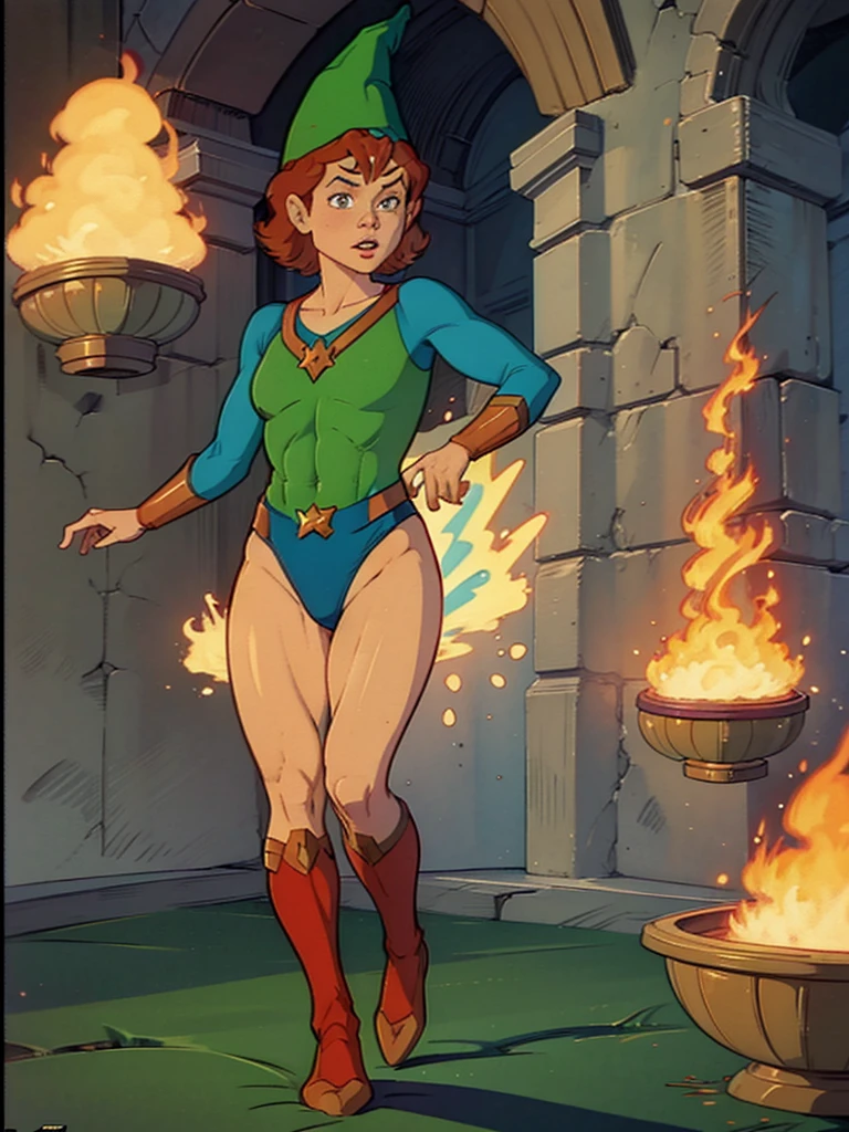 a redhead cartoon character, wonder woman outfit, green leotard, very muscular,  male wizard, 1980s cartoon, animated episode still, Presto (((mad))), ((Wears a wizard hat))