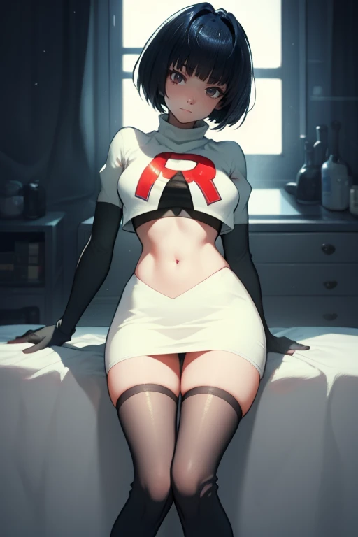 Tae Takemi,rocket,team rocket uniform, red letter R, white skirt,white crop top,black thigh-high boots,black elbow gloves, evil smile, look at viewer, legs crossed