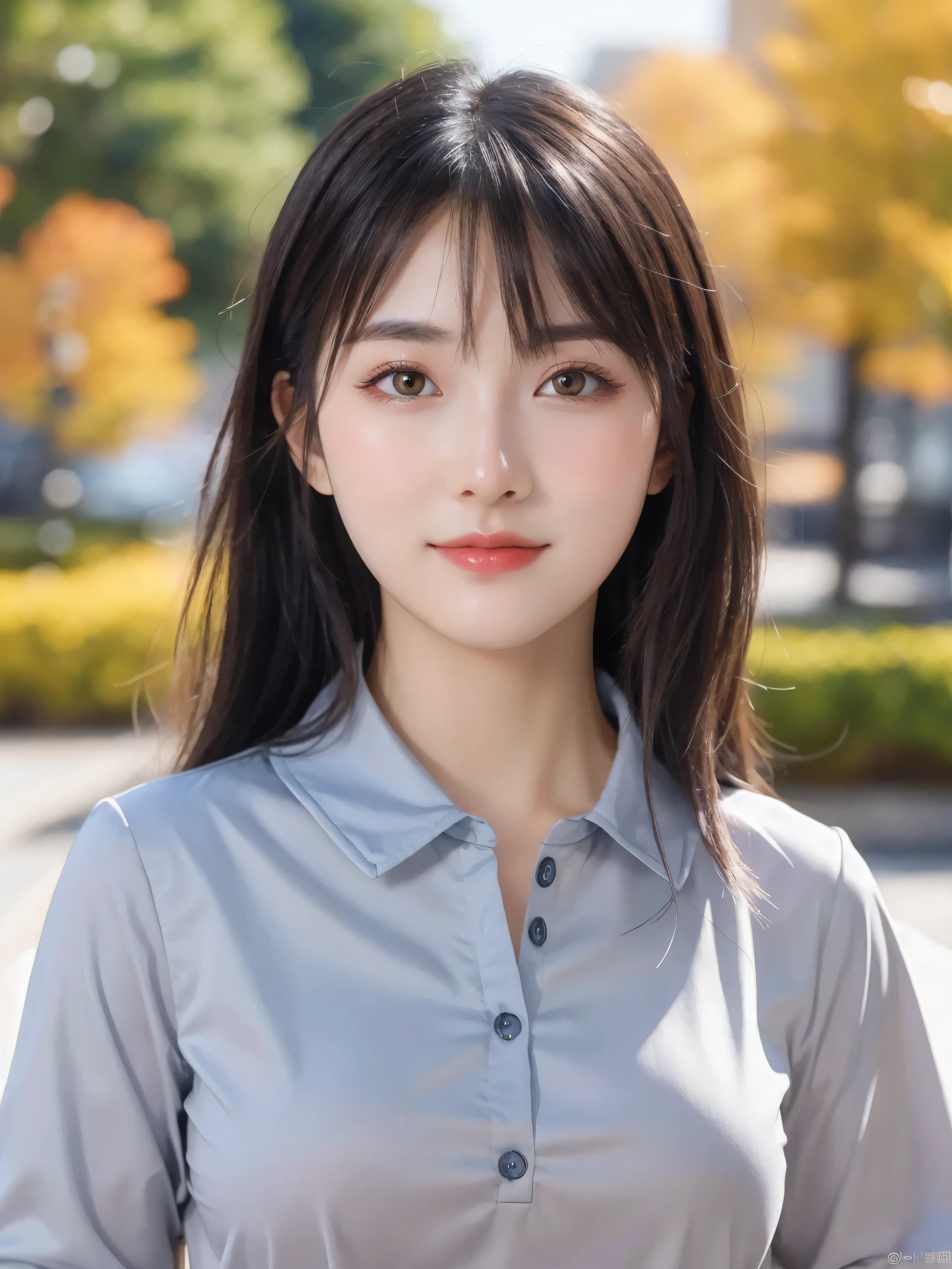 (8k, RAW Photo, Best Quality, Masterpiece:1.2), table top, Ultra Detail, Super Resolution, (Realistic, Realistic Photo:1.37), Portrait, High Detail RAW Color Photo, Professional Photo, Extremely Detailed and Beautiful, Extremely detailed, 8k wallpaper, amazing and detailed, huge file size, official art, highly detailed CG unity 8k wallpaper, highly detailed beautiful girl, highly detailed face, highly detailed eyes, highly detailed skin, highly detailed fingers, highly detailed nose, very detailed detailed mouth , perfect anatomy, highly detailed background, highly detailed clothes, (1 girl in), cute girl, realistic body, fair skin, glowing skin , slim body, handsome body, black hair , semilong hair, (blunt bangs:1.2), smile, cute, youthful, cute face, realistic face, delicate eyes, drooping eyes, looking at viewer, facing front, standing posture, Contraposto, (large breasts), (Perfect Body Proportions), (slender Body Proportions), super sexy pose, (early fall fashion),