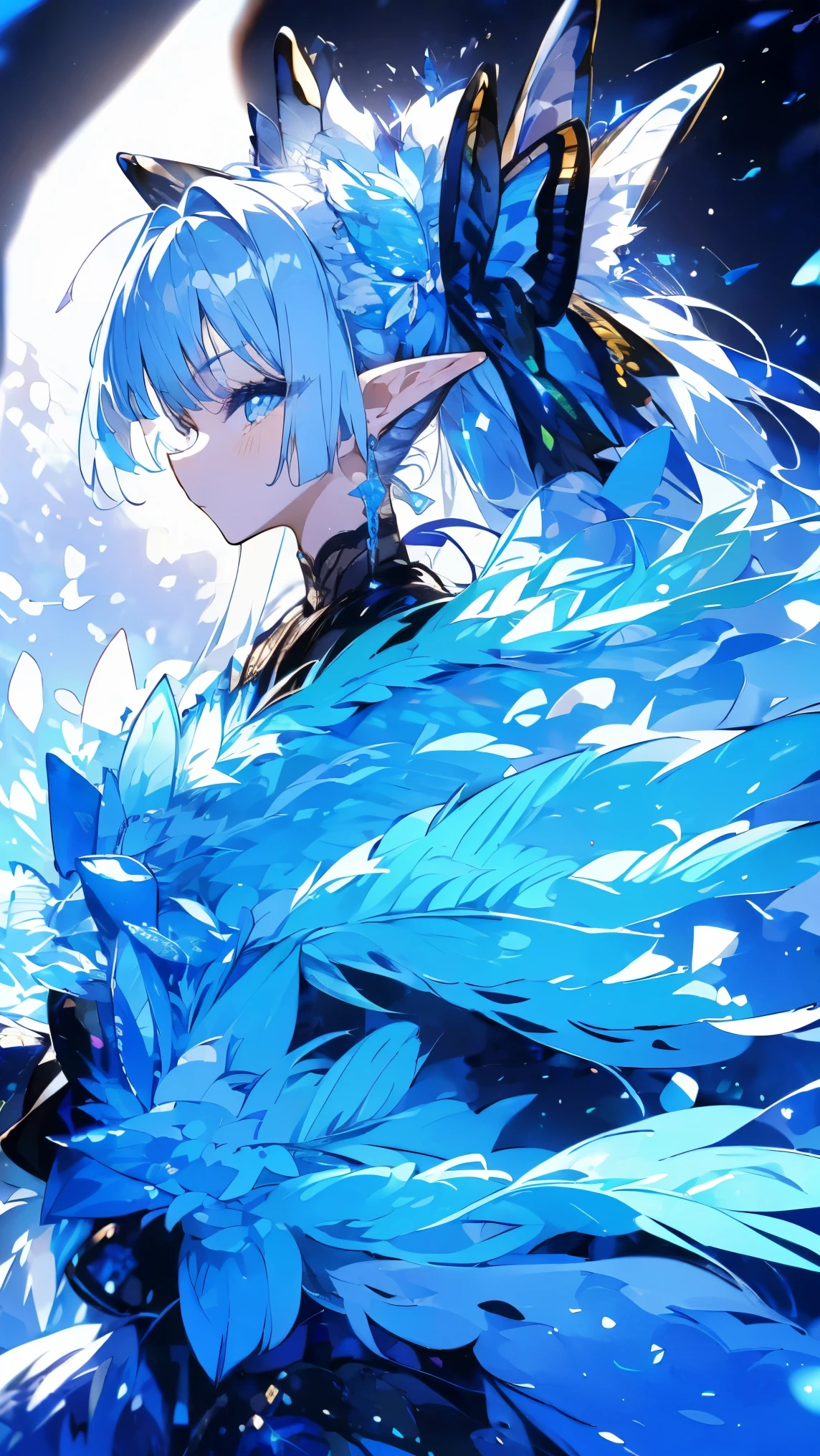 (masterpiece), high details, high quality, (best quality), (super detail), perfect detailed eyes, perfect detailed face, light blue hair, ponytail, Leopard print dress, design, intricate patterns, Fashionable, cutting-edge, avant-garde costumes, Intersection of light and shadow, Fantastic landscape, from side, elf, long pointy ears, hair bow