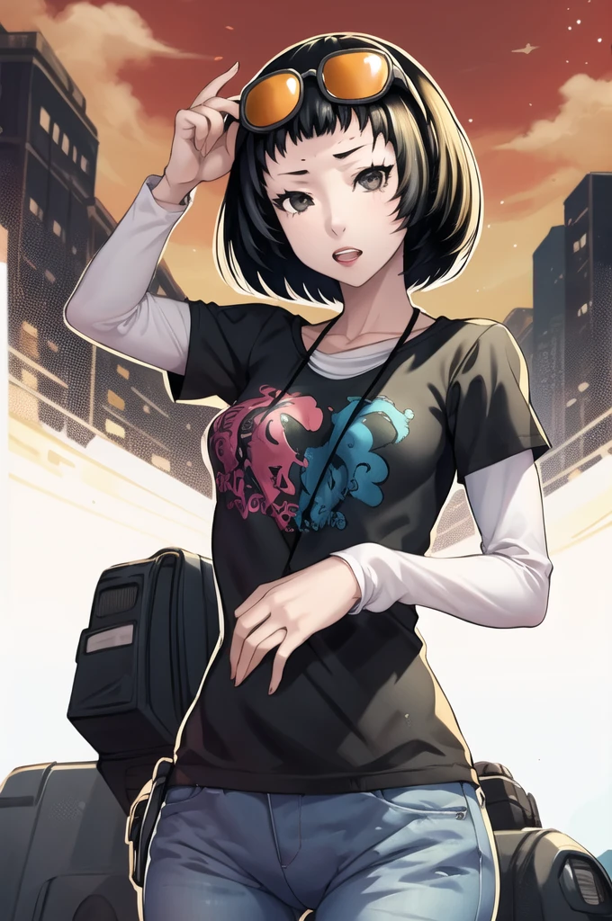 masterpiece, best quality, absurdres, 1girl, solo, OhyaIchiko, short hair, bob cut, eyewear on head, black t-shirt, layered sleeves, jeans, 