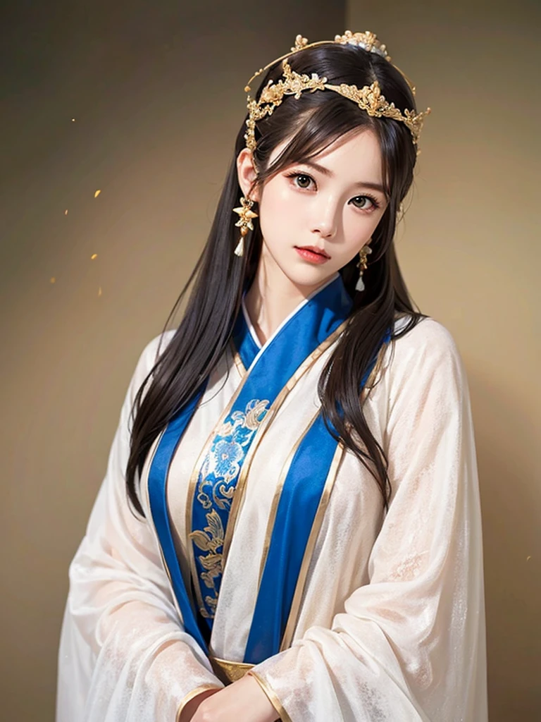 ancient chinese princess ， A girl wearing Hanfu, visual audience，, beautiful girl、Delicate body,exquisite eyes, Big 、Long hair,、Hair accessories Han Dynasty、Eternal,whole body、Lower Body，Three Kingdoms， solid color background, Smoky environment, Adds a touch of mystery and drama to the scene. Soft and even lighting, Casts soft shadows, Create an atmosphere of seriousness and focus.