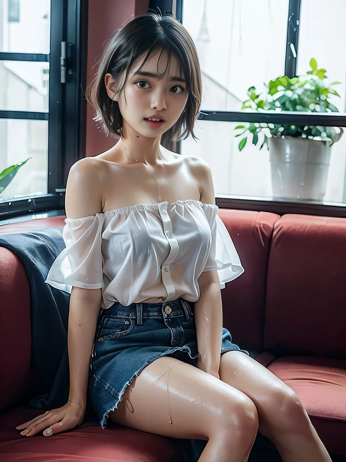 Very detailed CG Unity 8K wallpaper、Best Quality、Very detailed、masterpiece、reality、reality、Very detailedなかわいい女の子、、((Photographed from the front:1.4))、((Photographed from slightly below:1.4))、((Sitting on a red sofa:1.4))、、Cleft lip、Gazing at the audience、Semi Body Shot、((A denim skirt that accentuates your thighs:1.5))、((White panties:1.4))、(Girl with short hair:1.7)、(Beautiful Face:1.3)、(perfect balance:1.2)、(Long legs:1.2)、(Small breasts:1.3)、((Strapless bras are see-through:1.4))、((A Japanese man wearing a white chiffon off-the-shoulder short-sleeved shirt:1.4))、((Rain-soaked chiffon strapless off-shoulder shirt:1.4))、(((Wet Hair)))、reality、((Rain outside the window:1.4))、