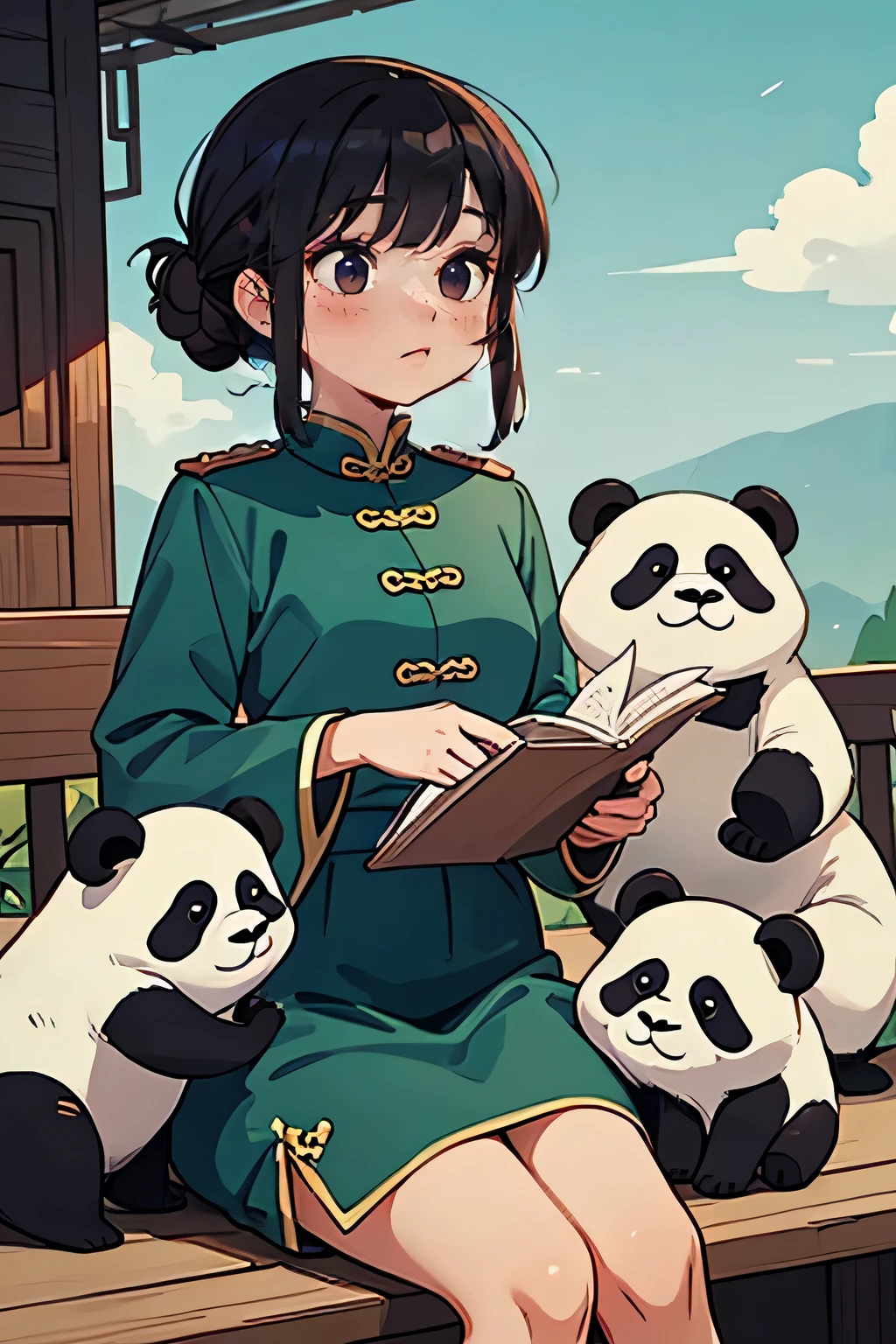 Chinese girl in Mao Zedong clothes, cute. With one panda, That's Zedon.'s flag