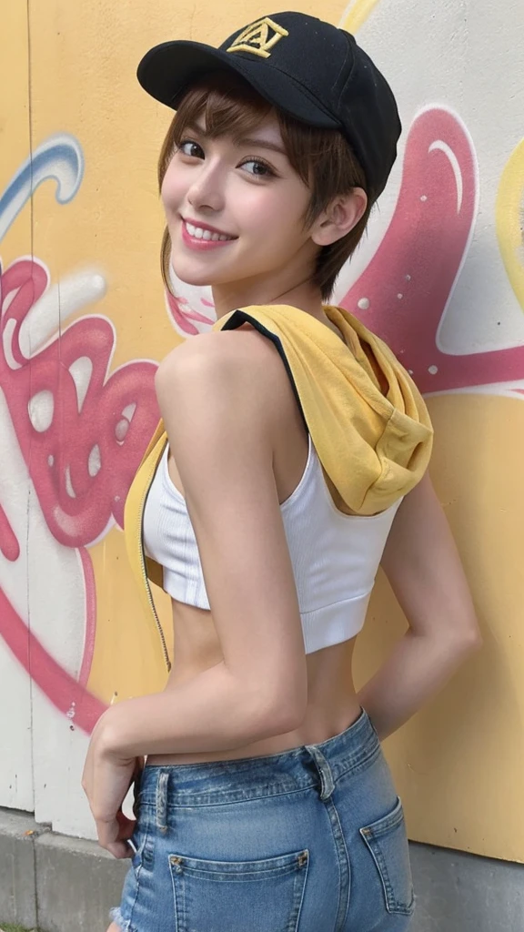 masterpiece, Highest quality, Very detailed, 8K, Realistic,Healthy Skin, ((Toothy smiling portrait:1.4))One Girl, alone, Tomboy, Very detailed face, (head shot:1.5), Standing in front of a wall covered in hip hop graffiti, Pixie cut white hair, He is wearing a short black tank top and an open-zipped hoodie...,I can see your chest,Nice ass,Wear a New Era cap,Look forward