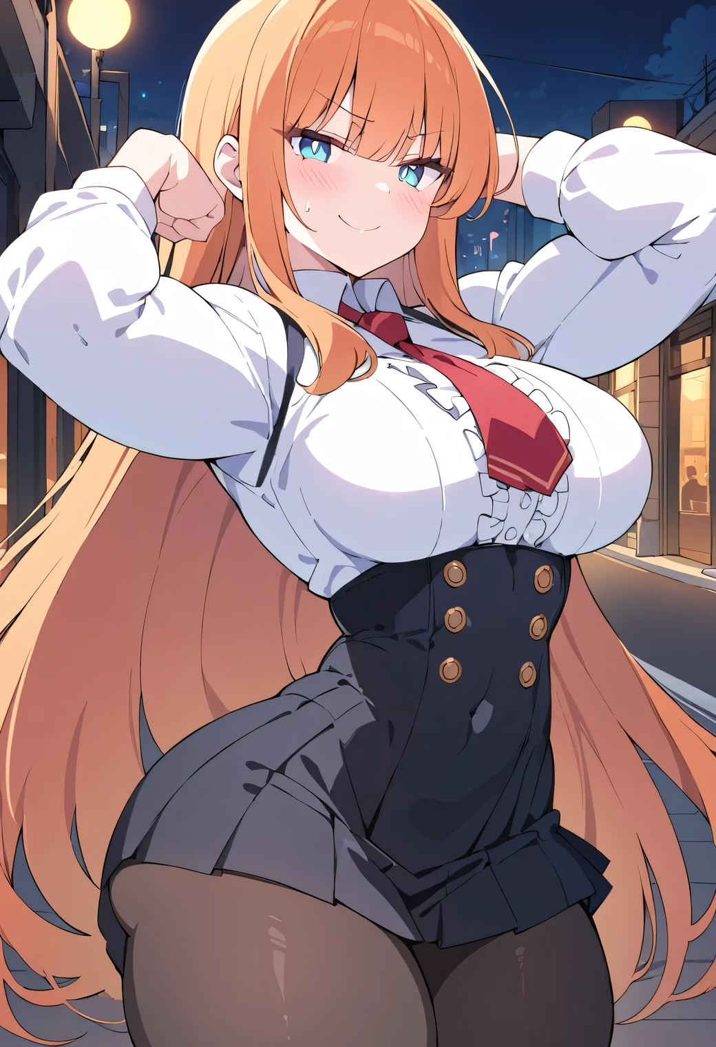 ((best quality)), ((masterpiece)), (detailed), (perfect anatomy), (exquisite clothing); 
1girl, solo, sidewalk, night time, flexing biceps;
Perfect face, orange hair, very long hair, fanged bangs, sidelocks, blushing, blue eyes, bright pupils;
confident, smug smile; 
Tall, mature, (Bulky:1.2), deltoids, trapezius, medium breasts, thick arms, biceps, triceps, covered navel, abs, wide hips, thick thighs, glutes, quads, lats, hamstrings; 
(White dress shirt, center frills, long sleeves), red ascot, (underbust, black skirt, high-waist, pleated), black pantyhose.