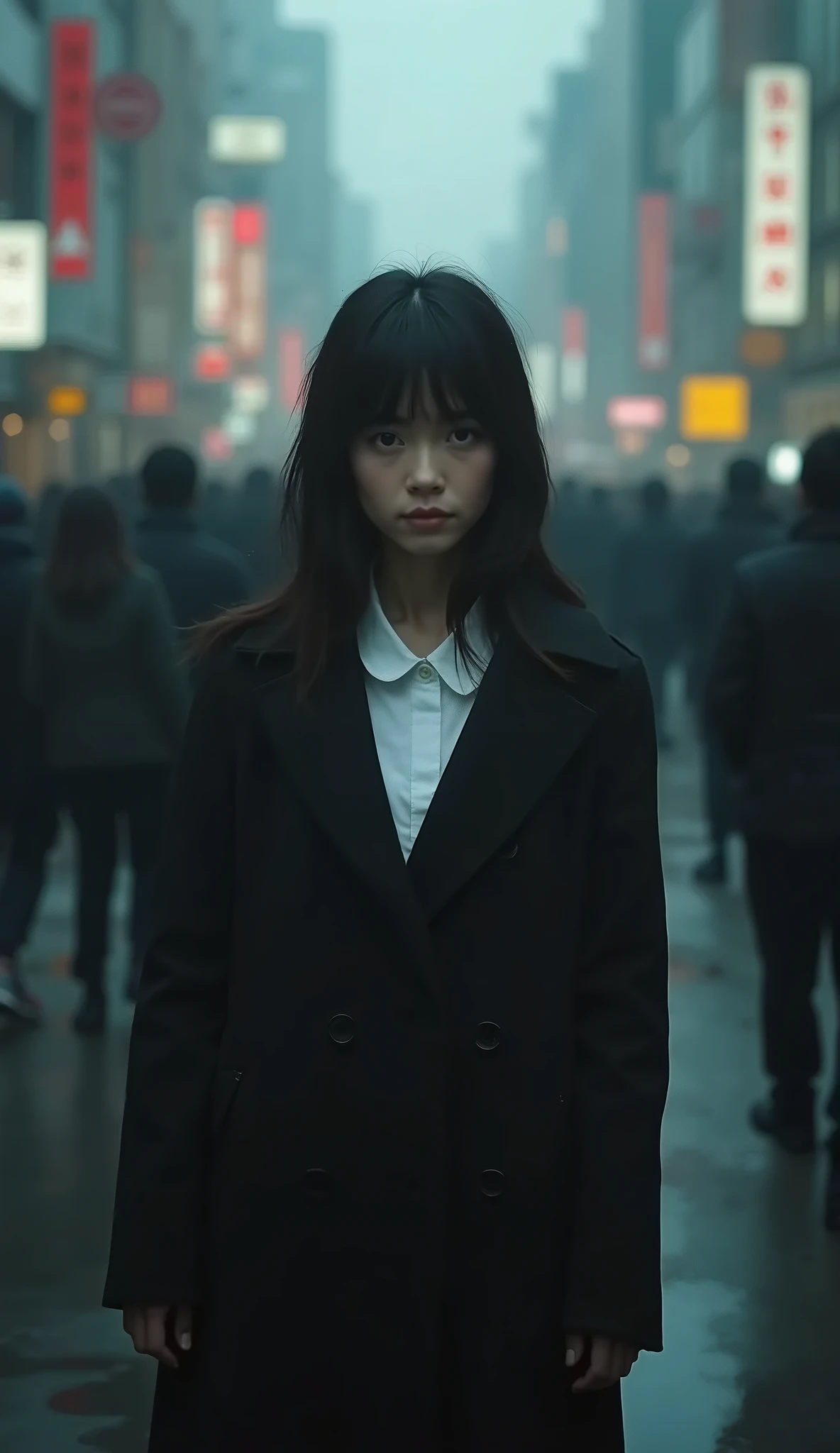 Chinese girl, long hair, white skin, blue eyes, small, cute, Big breasts, narrow waist, Beautiful legs, Wear a big jacket., gray stockings, luggage, naked woman, open chest, bare chest, Beautiful belly, Abdominal pain, เปิดpussy, pussy, full body, Visible when a naughty smile forms on her lips., naked, Unleash an aura of mystery and power., Her short black hair is messy., Add Scruffy, look fierce. his eyes, dark white, no retina, Leaving a strange feeling, Deep dark circles stand out on her pale skin., It shows that she looks tired and haunted., The surrounding environment was space and dark., The ruins bear witness to the passage of time and create an atmosphere of modernity..