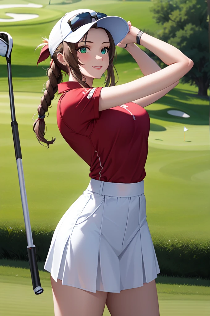 Aerith Gainsborough (Final Fantasy VII) LoRA, masterpiece, best quality, an athlete lady with a white visor cap and red polo shirt and white skirt holding golf club posing in a golf course, 1girl, solo, sun visor, polo shirt, skirt, smile, golf cart, sunglass, eyewear, rainbow lens glasses, playing golf, 