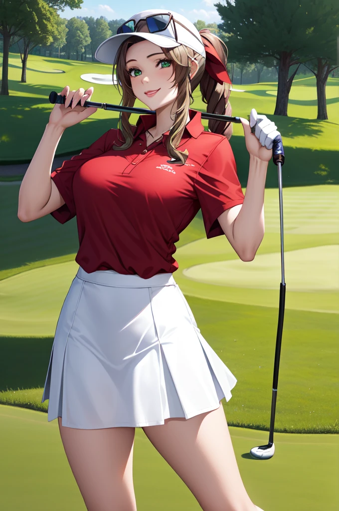 Aerith Gainsborough (Final Fantasy VII) LoRA, masterpiece, best quality, an athlete lady with a white visor cap and red polo shirt and white skirt holding golf club posing in a golf course, 1girl, solo, sun visor, polo shirt, skirt, smile, golf cart, sunglass, eyewear, rainbow lens glasses, playing golf, 