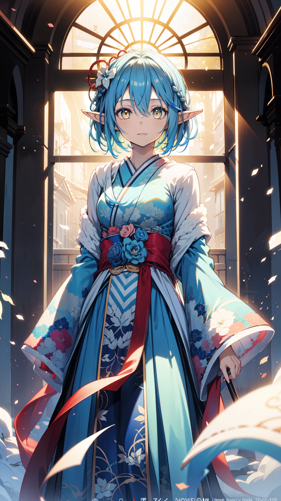 Anime Girl, Fantasy illustration, Flowing hair,Blue Japanese style long skirt,Transparent Clothes, Beautiful young elf, Dark blue hair,Medium to short hair,Double braid,Hair Ring,Happy,Beautiful fantasy anime, 闪亮Flowing hair, Ethereal Anime, Beautiful anime artwork, Beautiful digital artwork, Anime Fantasy Artwork,Snowflake Rummy