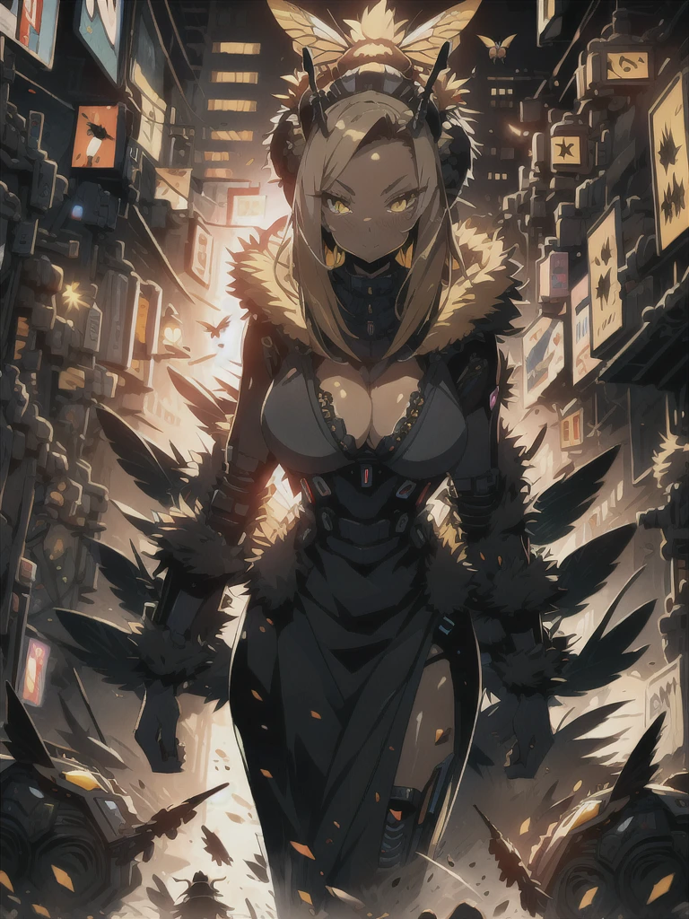 Cyberpunk female, bee-girl, bee girl, large breasts, black bra, large yellow dress, Deep cleavage, chubby, large wings, yellow skin, sting, serious