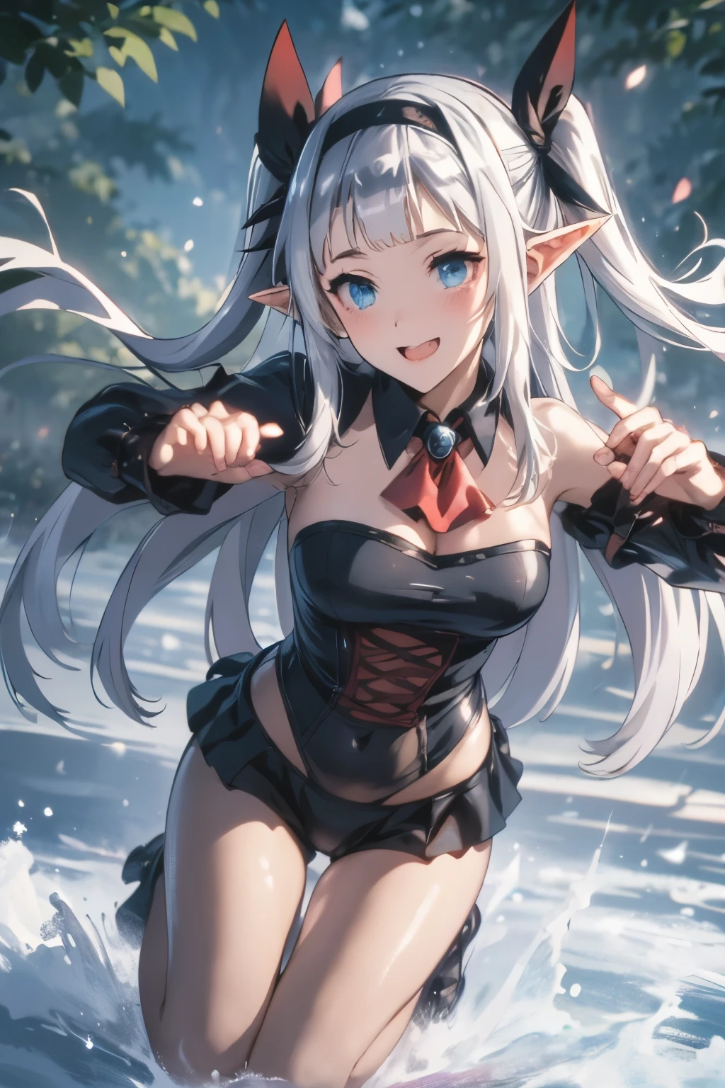 （（（ＳＦＷ、sound、Highest quality、first-clasasterpiece、Normal body、8k、Detailed face、Ultra-precision、Normal hand、Normal finger、５finger、Highest）））、A Laid-Back Farm in Another World、Lucy Lu、Vampire Princess、Vampire Princess、Great Sage Lulushi、Silver Hair、Long Hair、Twin tails、Swimwear、High leg leotard、Full body view、smile、blush