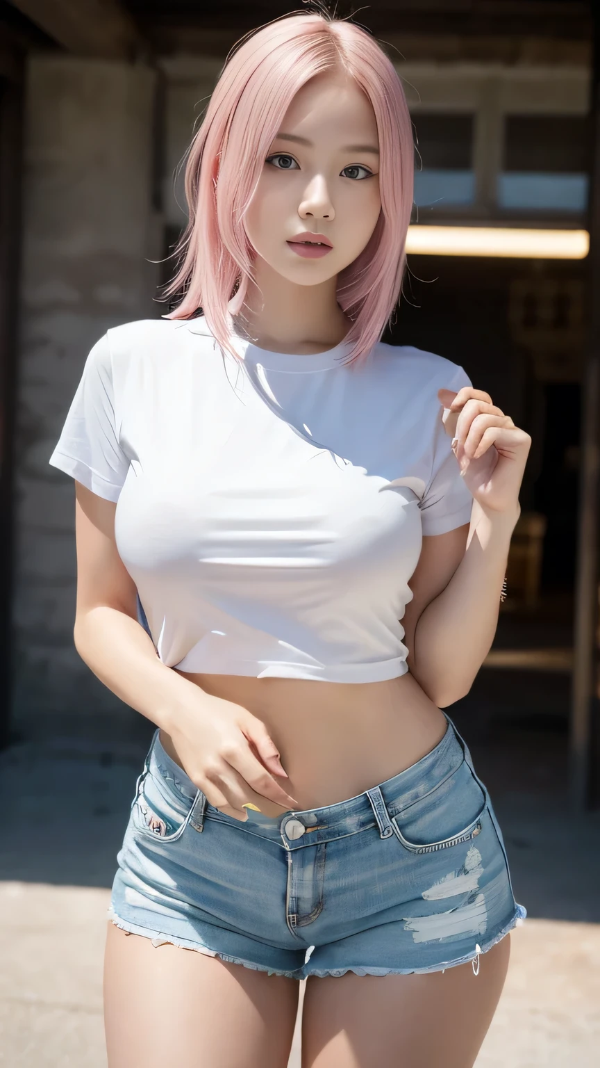 (highest quality,masterpiece:1.3,Ultra-high resolution,)、(((Full nudity)))、Straight Hair、1 female、Japanese、18-year-old、cute、Light pink hair、blue eyes、ponytail、smile、Sexy shot,Cowboy Shot,