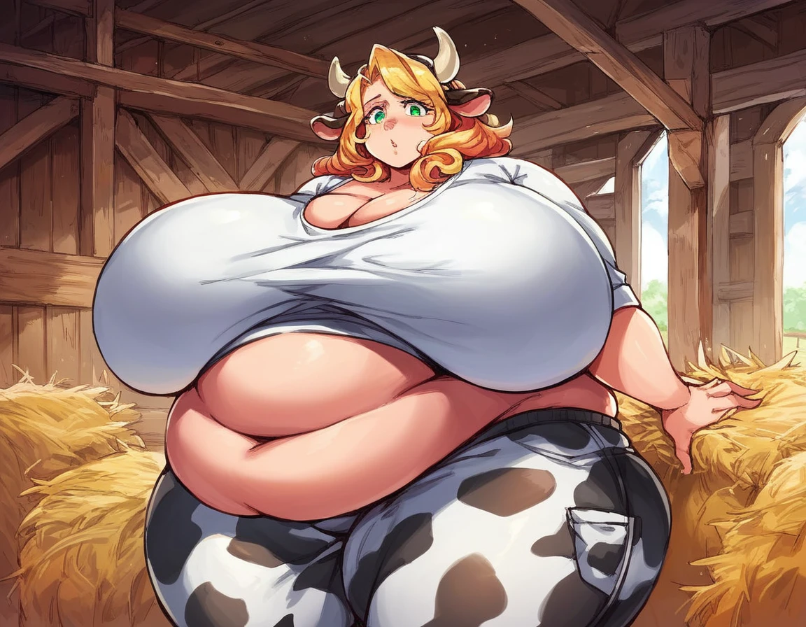 Masterpiece,best quality,high resolution, stunning women,blond hair, vibrant hair, beautiful,green eyes, perfect face, stunning figure, voluptuous figure,barn, inside bar,hay,cows,farm,cow girl,shirt,cow patterned shirt,yoga pants,cow pattern pants,cow pattern,plump,huge breast,thick thighs,wide hips,belly flap