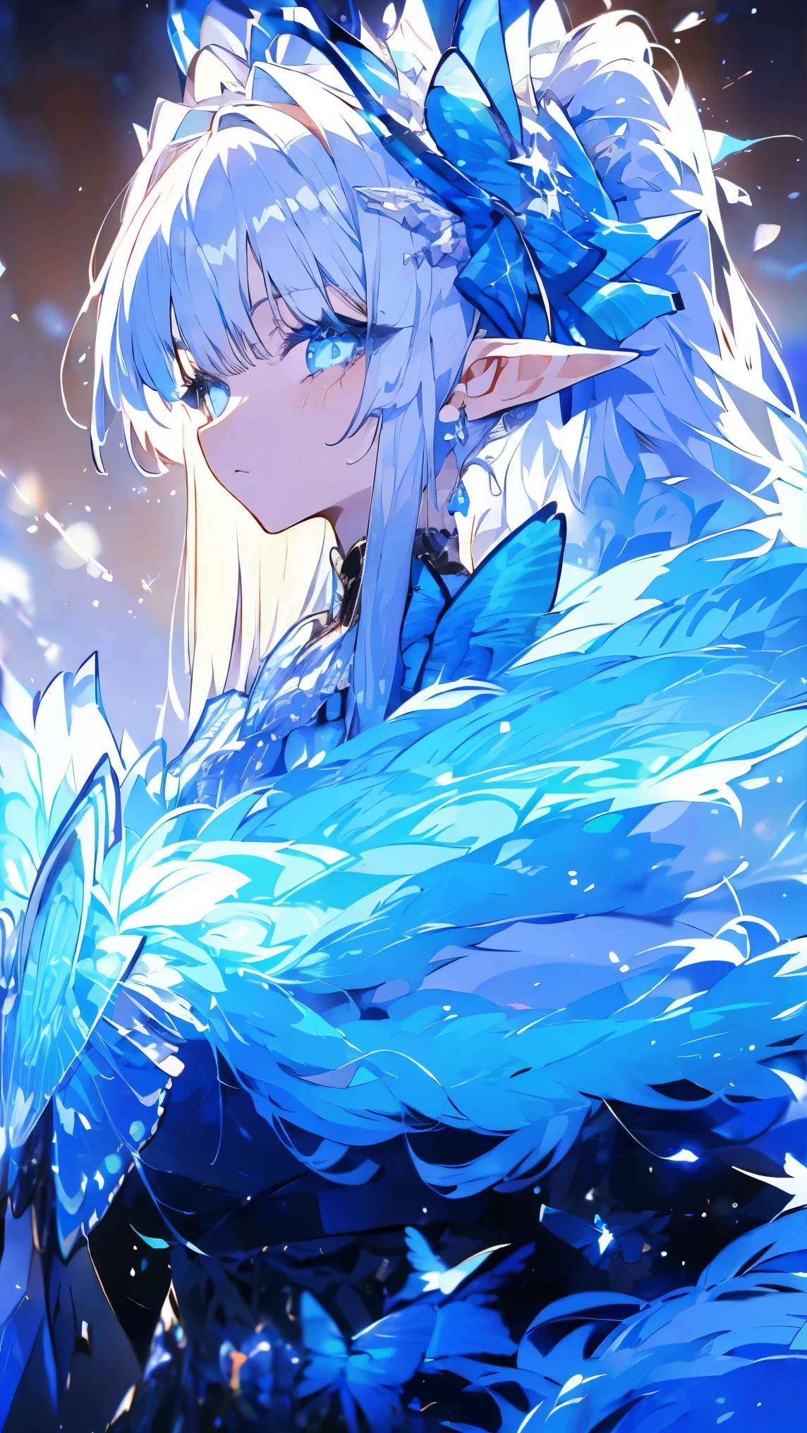 (masterpiece), high details, high quality, (best quality), (super detail), perfect detailed eyes, perfect detailed face, light blue hair, ponytail, Leopard print dress, design, intricate patterns, Fashionable, cutting-edge, avant-garde costumes, Intersection of light and shadow, Fantastic landscape, elf, long pointy ears, hair bow