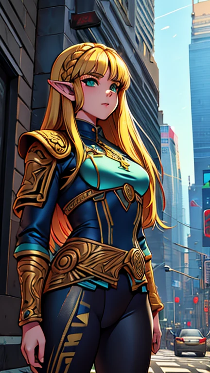 (Teens:1girl: princess zelda), (extremely detailed CG unit 8k wallpaper),(master part), (best quality), (ultra detail), (best illustration),(city-scene-aso), cowboy shot, (Sharp eyeliner, ombre, detailed eyes:1), bright, daylight, cyberpunk city, outdoor, ,break , (jdgdrddcom), upper body, (bangs, blonde hair, green eyes, long hair, pointy ears, medium breasts, armor suit