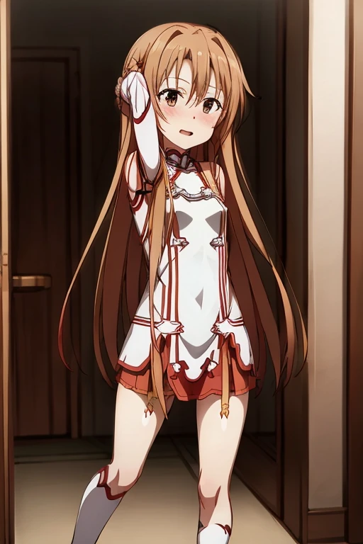 ((Best Quality)), ((masterpiece)), (be familiar with), Perfect Face, indoor, bedroom, Watching the audience,
One woman, Yuuki Asuna,
Open Mouth, Ecstatic expression, blush, smile,
Small breasts, Flat Chest, , , child, Girl,
Long Hair, Long Hair,
Leg spread,