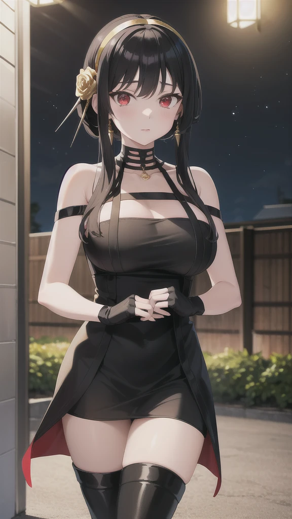 masterpiece, best quality, highres, aayorf, sidelocks, gold hairband, hair ornament, red eyes, gold earring, large breasts, choker, bare shoulders, black dress, two-sided dress, fingerless gloves, thigh boots, cowboy shot, standing, looking at viewer, outdoors, night