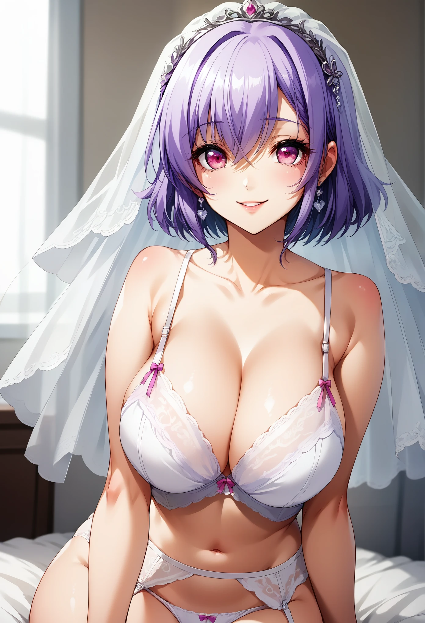 score_9, score_8_up, score_7_up, 1girl, shoulder-length hair, violet hair, pink eyes, cleavage, curvy body, wedding veil, white bra, white lace, white underwear, white lingerie, smile, happy, shy, solo, looking at viewer, bedroom