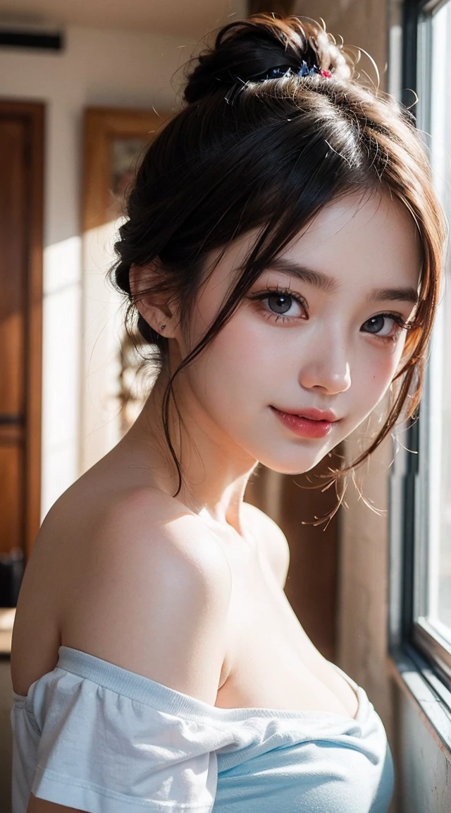 8K、top-quality、​masterpiece、超A high resolution、a picture、beautiful japanese female、Elegance、There is a good、Moist beauty、The eyes are far away、Transparent atmosphere、Beautiful face、Raised corners of the mouth、Gradient lighting、1girl in、Delicate skin、Look into the distance、Brown-eyed、breasts are large、(realisitic:1.4)、(top-quality:1.0)、(超A high resolution:1.0)、8K、Raw photography、(pureerosface_v1:0.5), wearing sexy office suite, almost naked