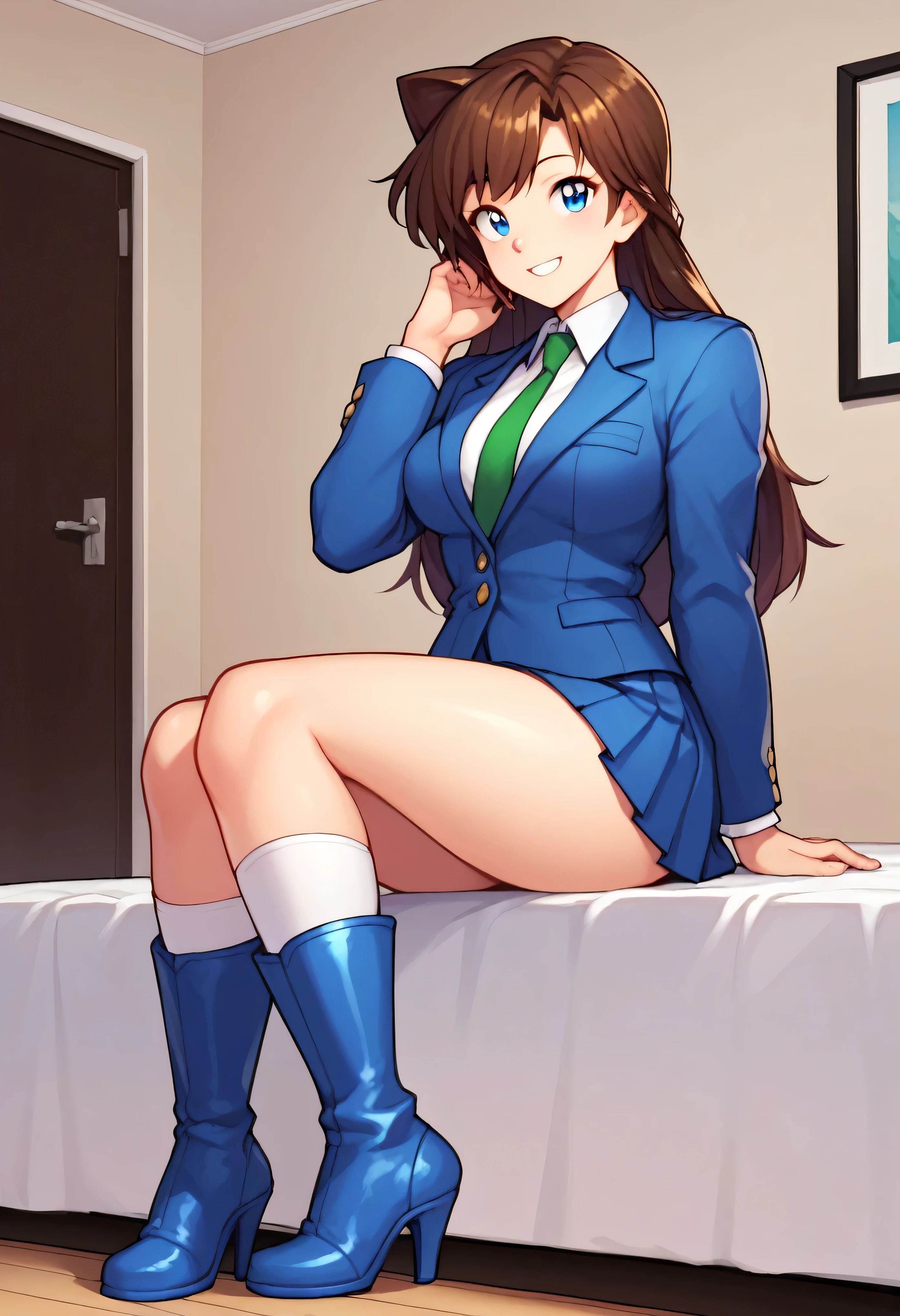 score_9, score_8_up, score_7_up, score_6_up, BREAK, RanMoriDCXL, blue eyes, brown hair, long hair, bangs, medium breasts, blue jacket, closed jacket, shirt, green necktie, blue skirt, pleated skirt, white stockings, boots high heels, solo, indoors, wide hips, smile, sitting, upskirt