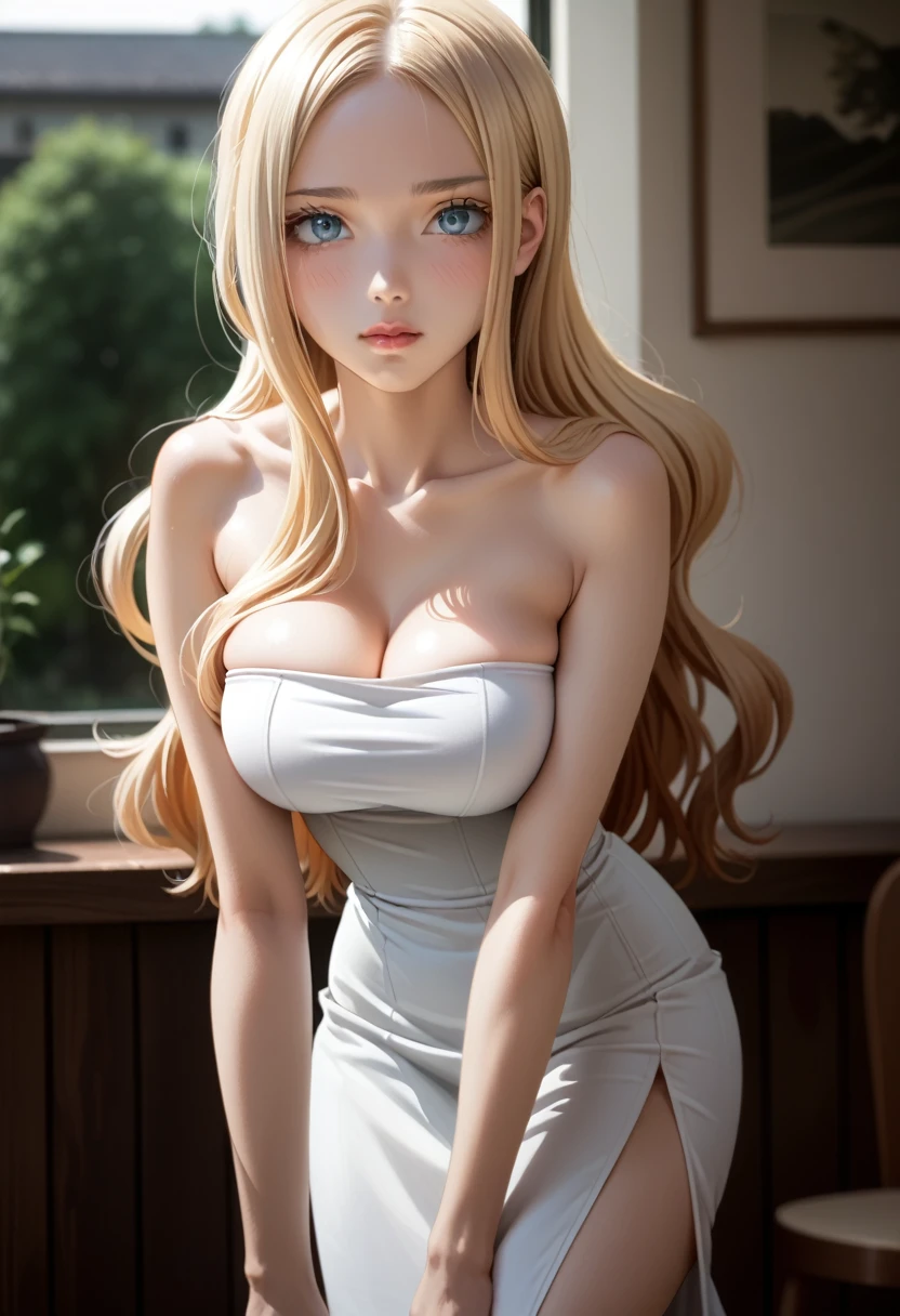 Irina Jelavić, blonde hair, long hair, light blue eyes, innocent expression, cute face, blush, looking at viewer, long white dress, strapless dress, tight dress, bare arms, bare shoulders, large breasts, slim waist, side slit skirt, large buttocks, thick thighs, leaning forward. 