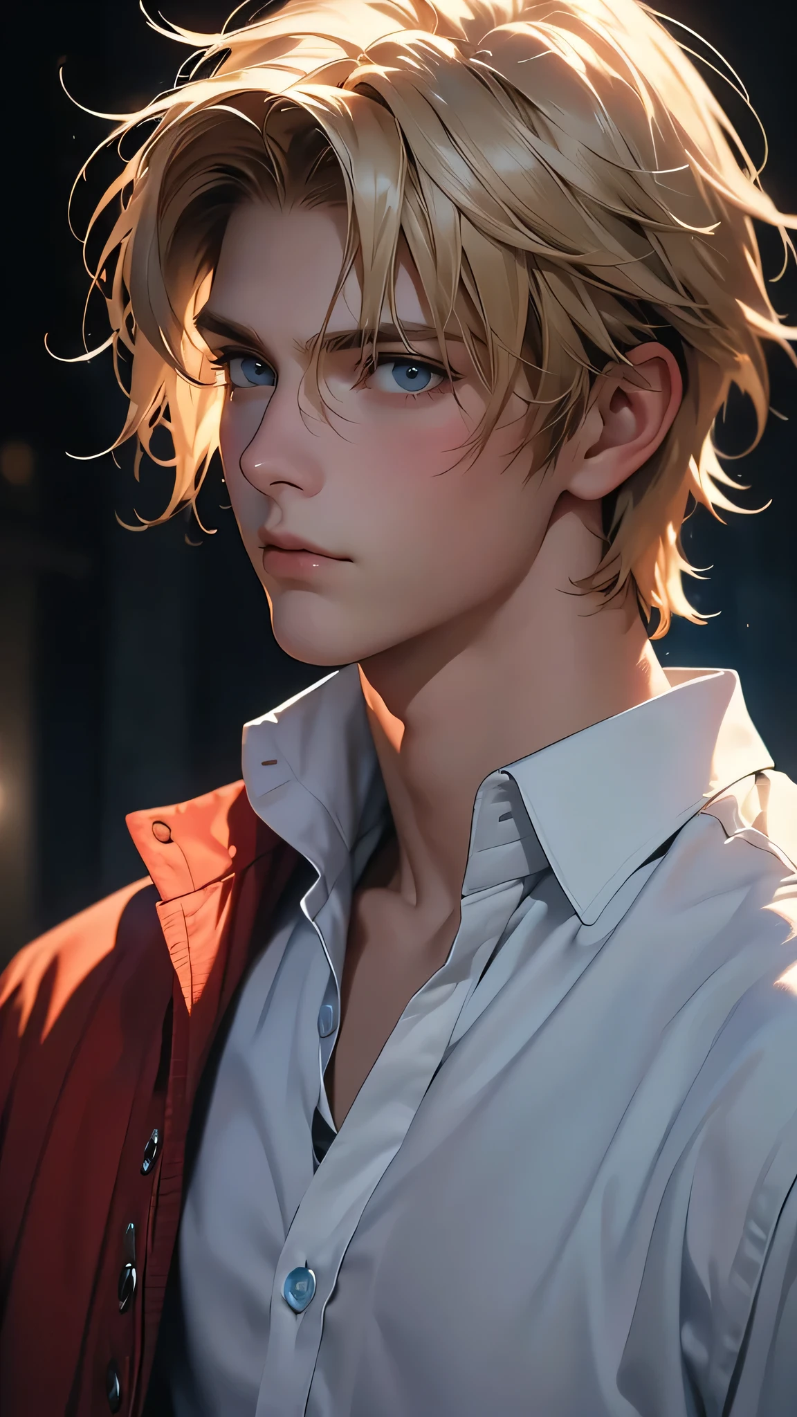 ((masterpiece)), envision a 8k, highres, cinematic, semi realistic, detailed, close up portrait of a Strong boy, strong face, mature face, slender body, shaggy messy medium blonde hair, blue eyes, collared shirt, Jacket hanging over shoulder , (((1boy))), in dark lighting, against a dark background