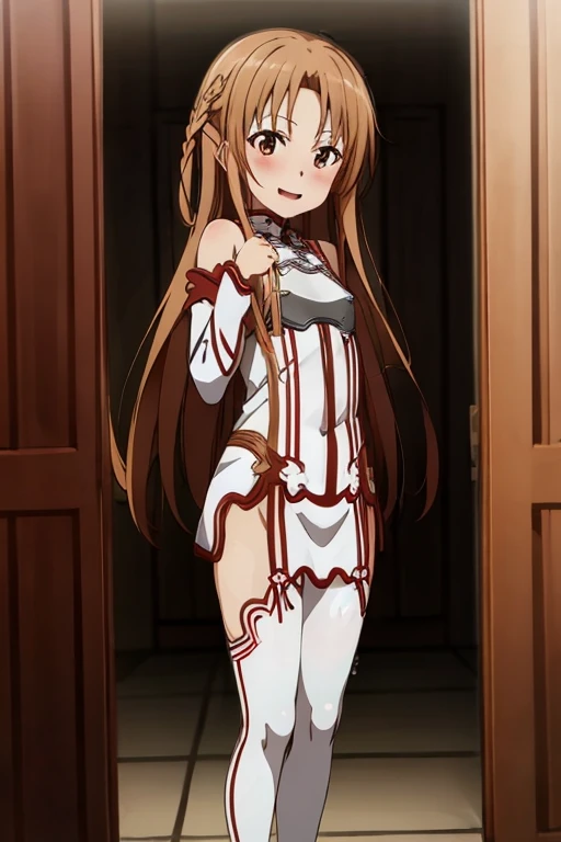 ((Best Quality)), ((masterpiece)), (be familiar with), Perfect Face, indoor, bedroom, Watching the audience,
One woman, Yuuki Asuna,
Open Mouth, Ecstatic expression, blush, smile,
Small breasts, Flat Chest, , , , Girl,
Long Hair, Long Hair,
Leg spread,