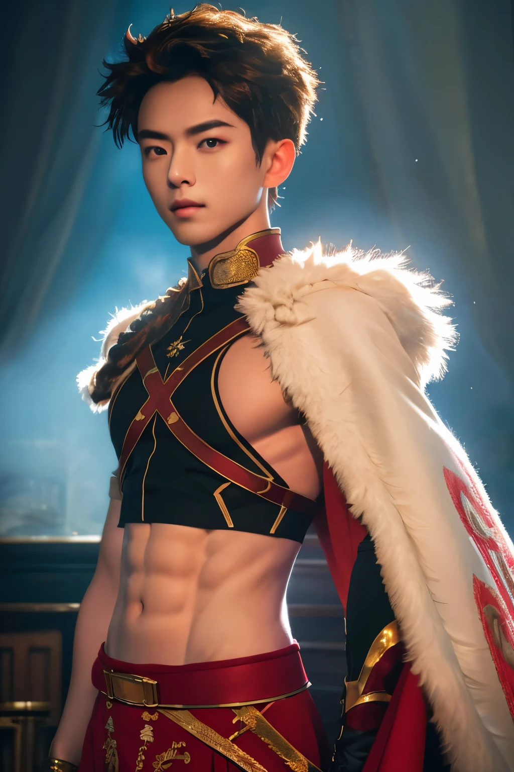 alexanderfgo, 1boy, masterpiece, realistic, absurdres, RAW photo, best quality, high resolution, chinese boy, very very handsome, perfect face, cute face, intricate detail, clear and beautiful detailed eyes, fur-trimmed cape, crop top, young, muscular, slim muscular, handsome muscle, abs, detailed skin, male focus, fighting, Correct anatomy, looking at camera, battlefield, detailed highlights and shadows, Cinematic Lighting, soft light, full-body shot, front view, Professional photography, exquisite detailing, 8K UHD,