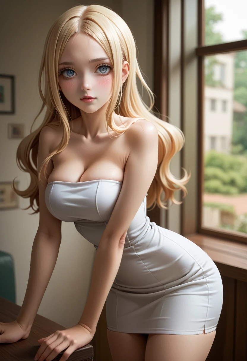 Irina Jelavić, blonde hair, long hair, light blue eyes, innocent expression, cute face, blush, looking at viewer, short white dress, strapless dress, tight dress, bare arms, bare shoulders, large breasts, slim waist, large buttocks, thick thighs, leaning forward