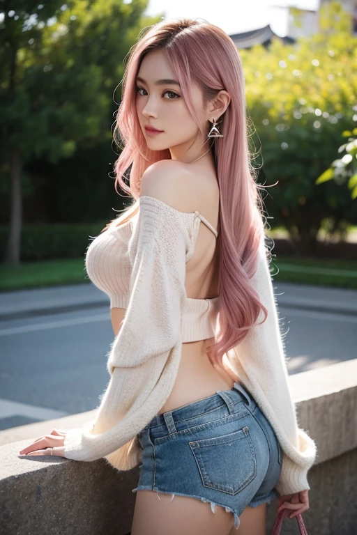 1girl in, Pink hair, Blunt bangs, Bangs, Long hair, Wet hair, makeup, lightsmile, Parted lips, Bright pupils, One-person viewpoint, Wide Shot, from behind, Sideways, F/1.8, 135 mm, canon, nffsw, retinas, masutepiece, ccurate, Anatomically correct, Textured skin, Super Detail, high details, High quality, Best Quality, hight resolution, 1080p, hard disk, 4K, White tank top in 8K、Denim Mini Skirt White lace panties