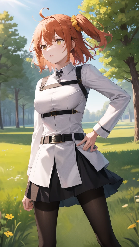 masterpiece, best quality, highres, aaritsuka, short hair, ahoge, hair scrunchie, orange scrunchie, medium breasts, white jacket, harness, long sleeves, belt, black skirt, miniskirt, black pantyhose, standing, cowboy shot, outdoors