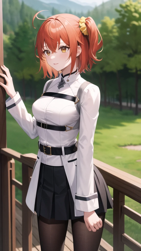 masterpiece, best quality, highres, aaritsuka, short hair, ahoge, hair scrunchie, orange scrunchie, medium breasts, white jacket, harness, long sleeves, belt, black skirt, miniskirt, black pantyhose, standing, cowboy shot, outdoors