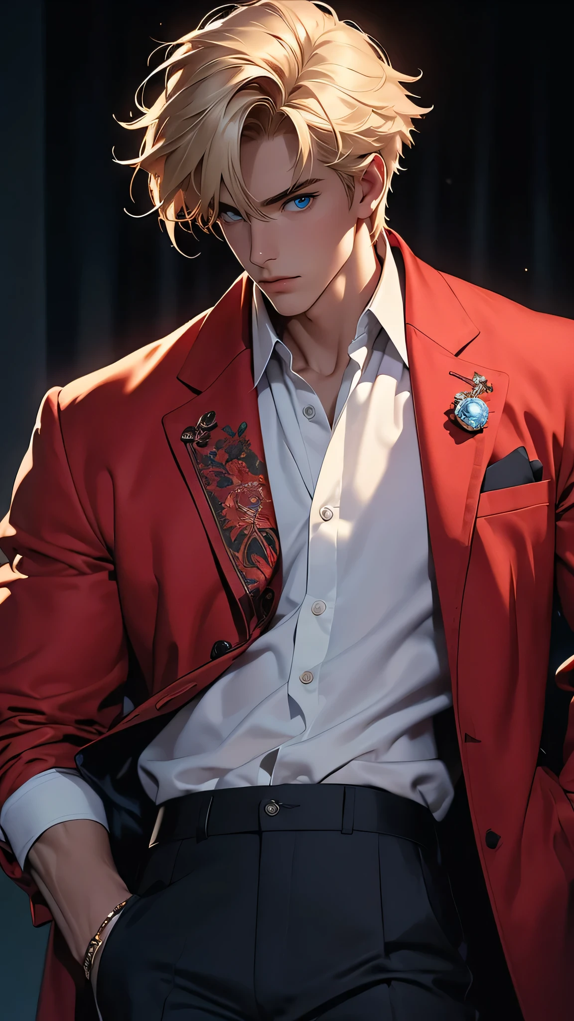 ((masterpiece)), envision a 8k, highres, cinematic, semi realistic, detailed, full body pinup of a Strong boy, strong face, mature face, slender body, shaggy messy medium blonde hair, blue eyes, collared shirt, red Jacket hanging over shoulder , dress pants, (((1boy))), in dark lighting, against a dark background