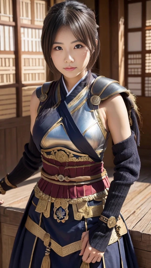 ( bangs, blunt bangs, brown hair, side braid, Depth of written boundary, f/4.0, 135mm, Nikon, uhd, masterpiece, Textured skin, Super detailed,4K,Wide-area lighting),(Beautiful woman: 1.4、Very white skin、Fine grain、 double eyelid)、(((hair ornaments、Wearing leather armor that exposes a lot of skin、Bust Shot、Rin々Funny face、Sengoku period、Japanese-style building、He is holding a spear in one hand.、Show from head to chest)))