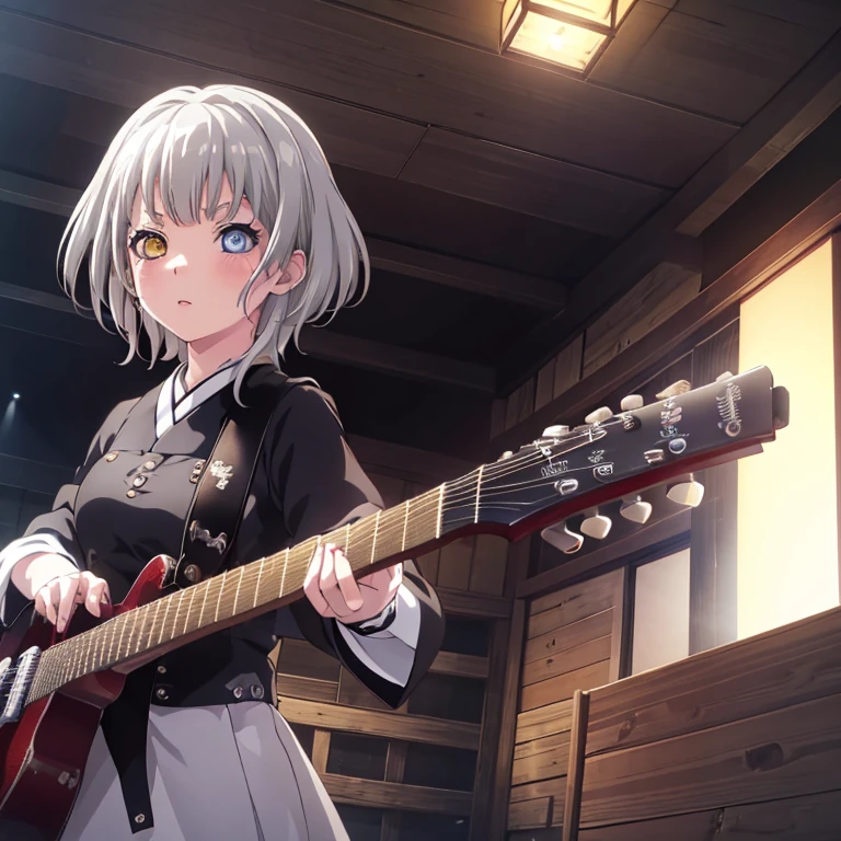 masterpiece,High image quality,anime,8k,One Girl,beautiful girl,Old Japanese house background,Light grey hair,Heterochromia iridis,Golden right eye,Silver left eye,Maid uniform,I have an electric guitar,Look forward,Hand Repair