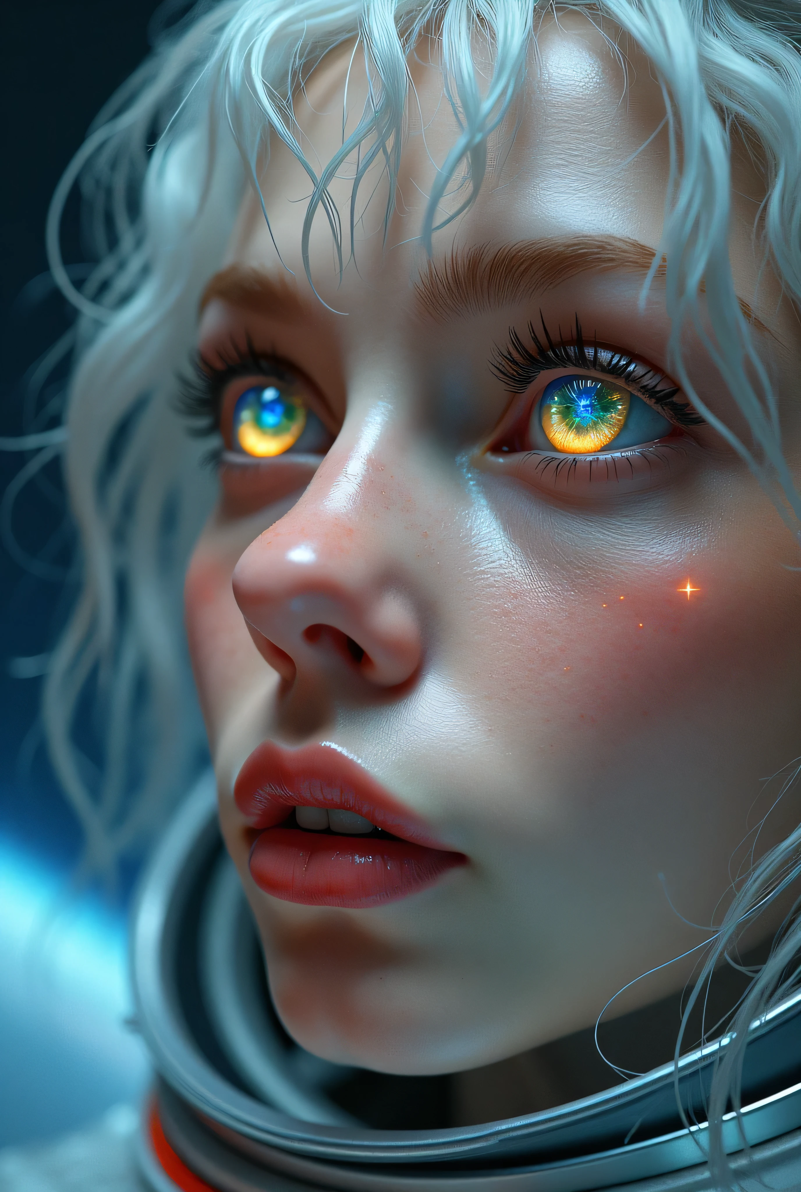 (A better quality masterpiece in close-up:1.5)0.9], (space and astronaut:1.2) (messy silver hair:1.1) (yellow eyes with heterochromia and blue eyes:1.2) (space helmet:1.0) (colored stars in the eyes:1.0) (radiant light:1.1) (big lips:0.9)