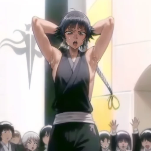 ( Animation screenshots:1.1),flirtatious, 1 female, Unique, Black Hair, eternal, Japanese Clothing,runny nose, oral invitation, Sticking out tongue, No underwear,Short hair, Small Breasts, No eyeballs, Also available in black, For the audience, Looking at the audience, tired, From below, (Exposed armpit:1.1), ((armpit:1.2)), Sweating, More and more sweat,(ahegao ), (rolling eyes), Open your mouth, Stick out your tongue, saliva, Drooling,Skinny, Raise your arms, (Raise your arms above your head:1.5), (muscle:1.2),White eyes, White eyeballs, syncope, roll your eyes.