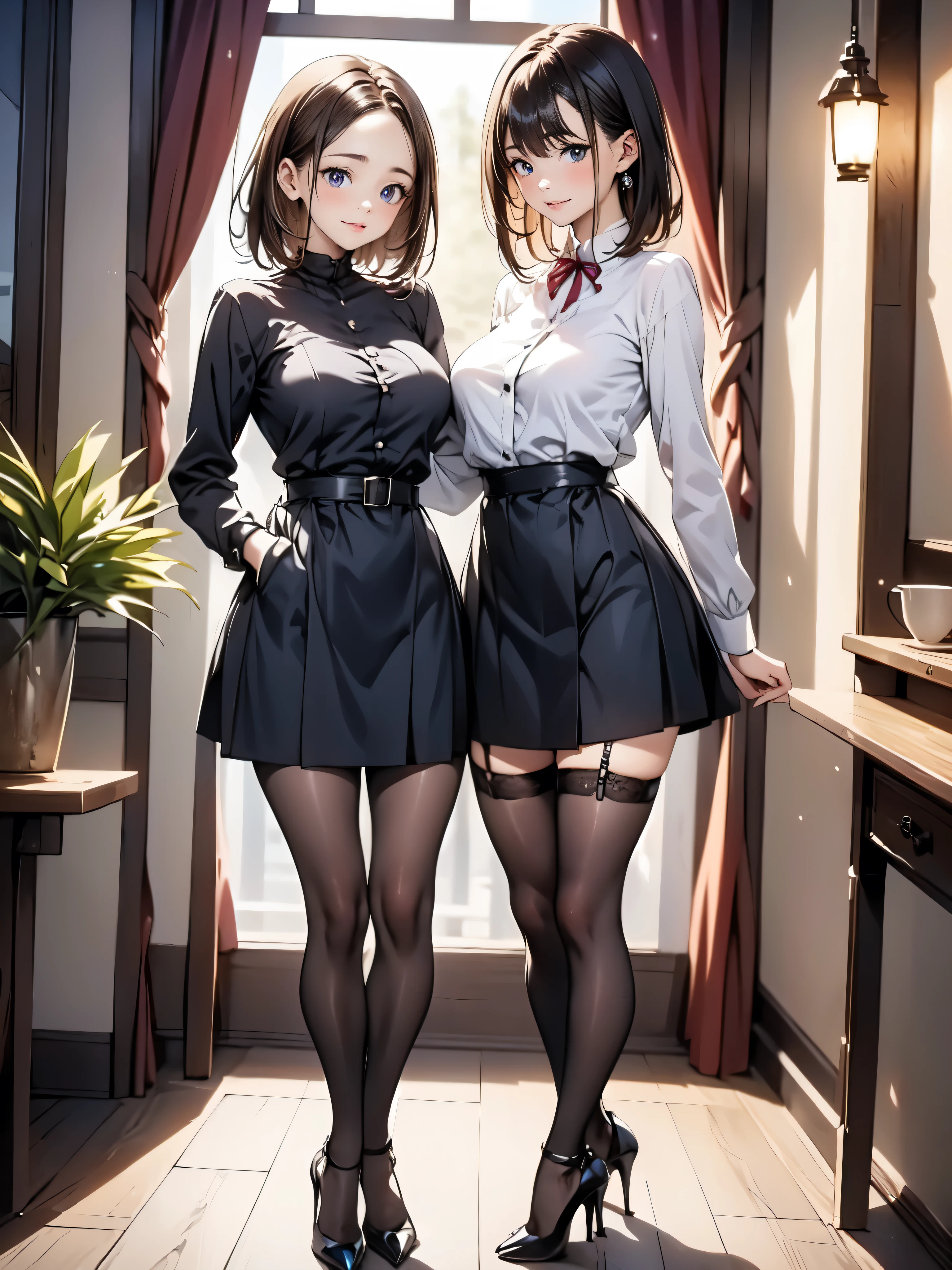 Brown hair、watching at viewers　　　black suspenders　　　Bulging big breasts　　 　 　　　walls: 　Black miniskirt　garters　　　　　　Gaze　　　Small face　bangss 　　　holster　　　Beautuful Women　　hands up　　leg holster lying on bed　　Gaze 　black boots panty shot　provocation　flank　flank sweat　soio 　arm