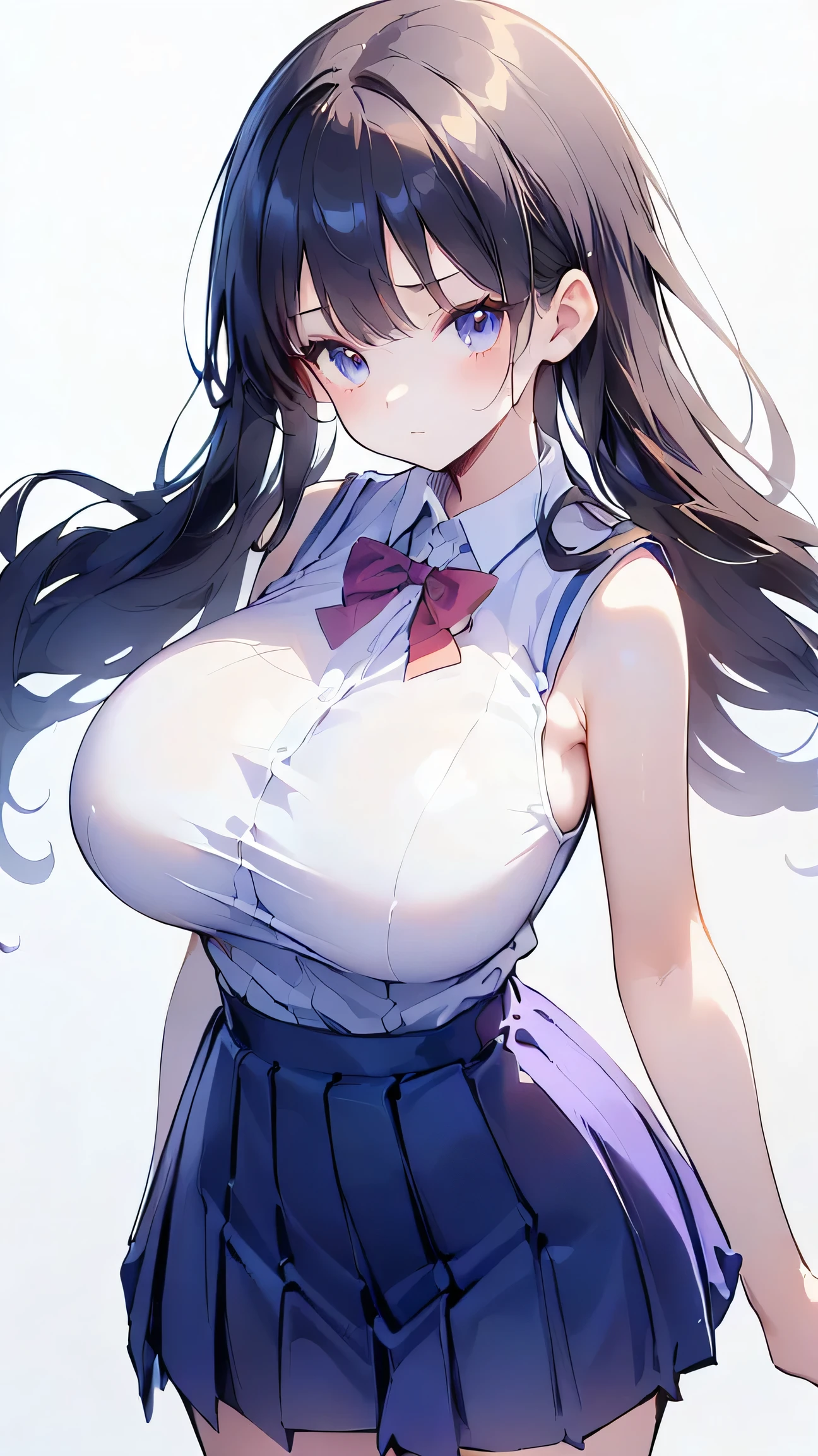 Ultra-high resolution, 8k,high quality,(((Extra low length,Skinny body)),cowboy shot , ((no hat:1.3))),Slender,Cute hairstyle,,(iridescent light,soft shadow,Anime Painting,thin line drawing),(((((super enormous cartoon-like breasts,(big breasts),(((Student Uniform,Young))),Sleeveless、Simple Background,Young)))))Girl、