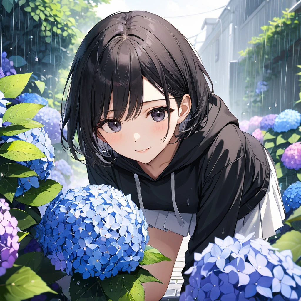 anime、((Amazingly absurd)),(masterpiece:1.2),超High resolution, Attention to detail, high quality, High resolution, 最high quality, 4K, 8k、Crouching woman,I have hydrangeas,Blue and purple hydrangeas,Proper Blur,Emphasise the female,despair,Black Eyes,View hydrangeas,Sparkling eye highlights,Calm,smile,Black Hair,Short Hair,Black hoodie,White mini skirt,Cloudy,Partly sunny,Rain even when it&#39;s sunny,Sadness,Best scene,Illuminated from above,Front angle