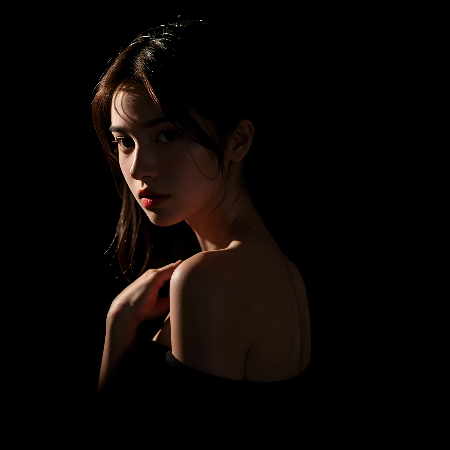 Best quality, masterpiece, ultra high res, (photorealistic:1.4), raw photo, 1girl, offshoulder, in the dark, deep shadow, low key, cold light