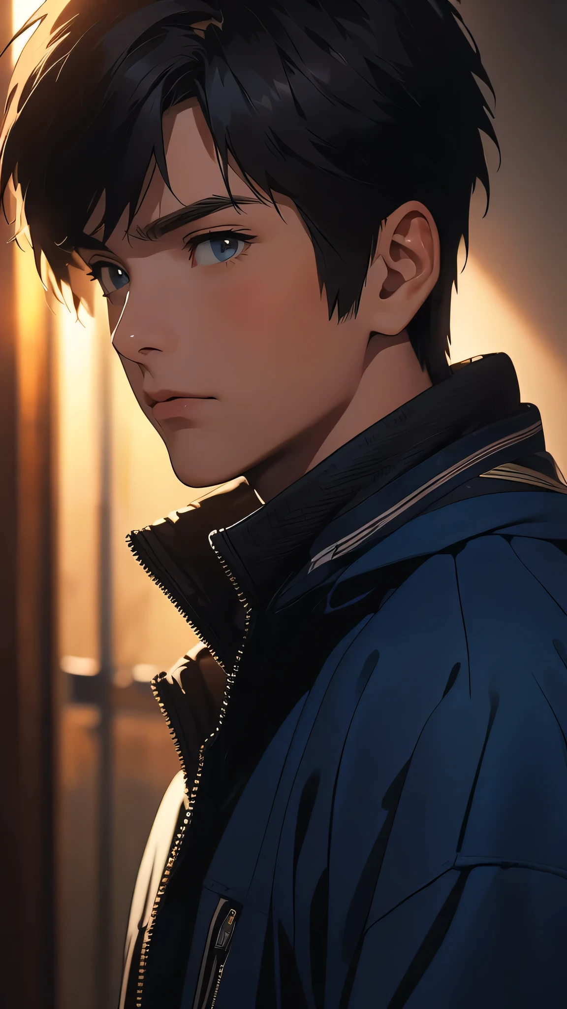 ((masterpiece)), envision a 8k, highres, cinematic, semi realistic, detailed, close up portrait of a nice boy, strong face, mature face, slender body, shaggy short brown hair, blue eyes, armored jacket , (((1boy))), in dark lighting, against a dark background