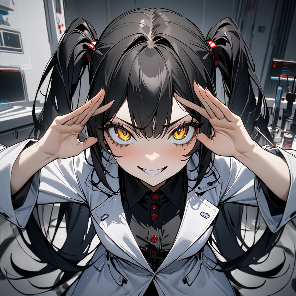 Top quality, masterpiece, high resolution, 8K, female, black hair, twintails, golden eyes, black circles under the eyes, crazy genius scientist, white coat, suspicious laboratory, experimental equipment, devilish smile, hurray pose
