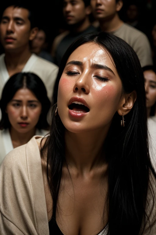 Flying debris,Award-winning photo, Very detailed, Edge Orgasm, Woman with open mouth and closed eyes , Sweaty, glistening skin、Lighting that highlights shiny sweat{{{Spread the word }}}, Black Hair、nsfw,{{{{Crowd of male spectators}}}},(Long, narrow nostrils)、Illumination from below、Frowning,Beautiful Japanese,