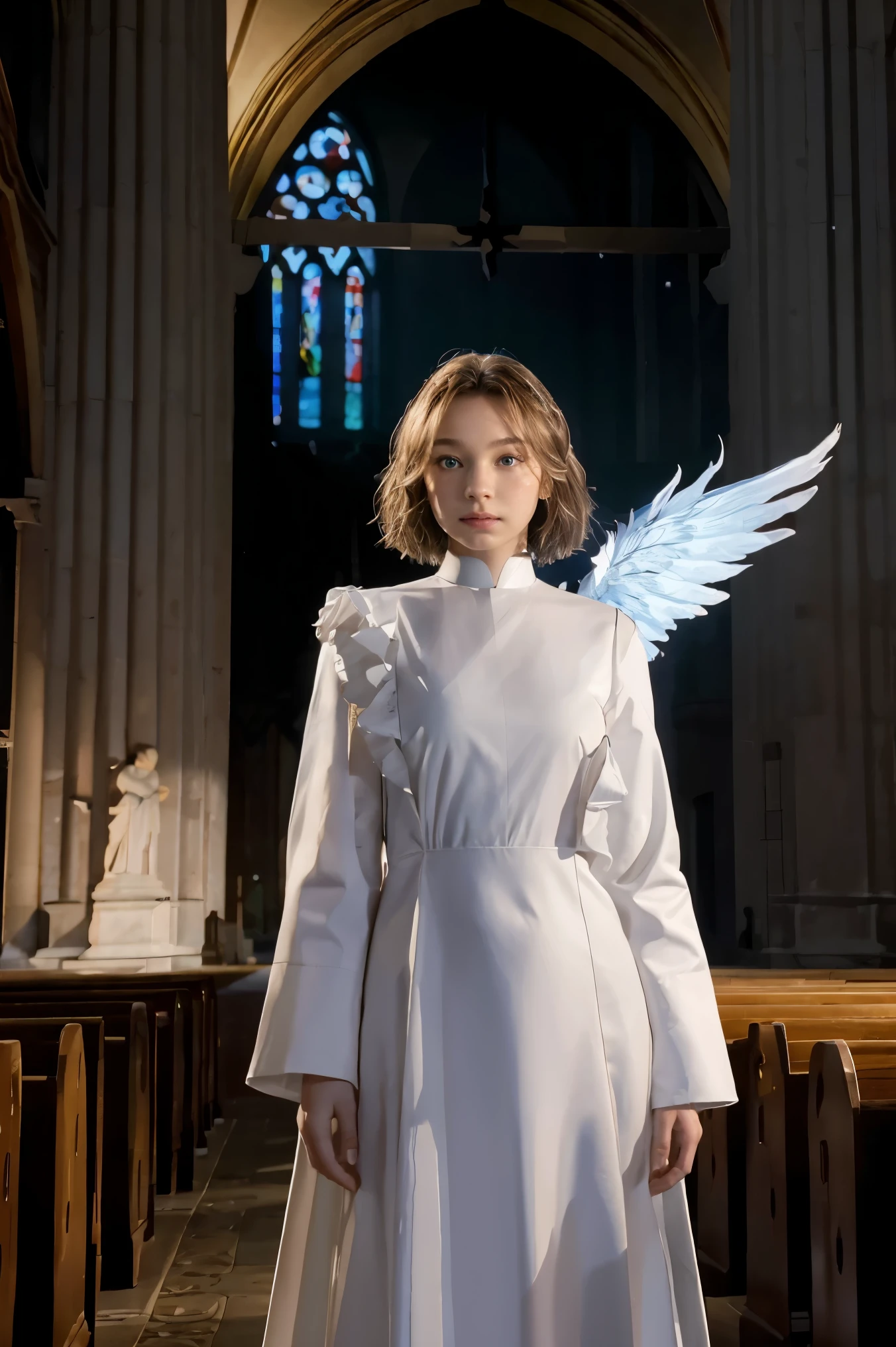 (8K,Best picture quality:1.2),(tmasterpiece:1.37),(photore,realisticlying:1.37),(ultra high resolution),realisticlying,photographed,((Meticulous facial features)),A half body,(Valkyrie,holy paladin:0.6)Beautiful design,Shiny,huge lim body,(the angel's wings),nun outfits,dress,complex,(High quality background inside ruined church empty at night) , (high detal) , movie lighting